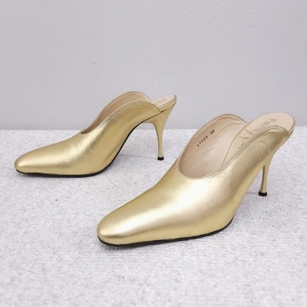 Vintage FREE LANCE Paris Mules Metallic Gold Leather Stiletto Heels Pumps EU 38 - Picture 4 of 12